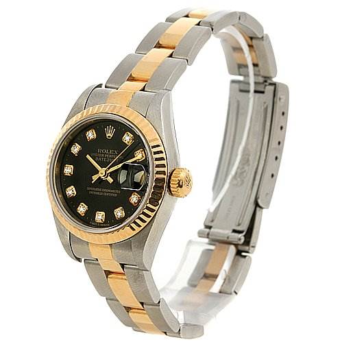 The image shows a side view of a Rolex Datejust 79173 Women's Stainless Steel Black Dial 79173 Women's Stainless Steel Black Dial watch, highlighting its bracelet, bezel, dial, and crown.