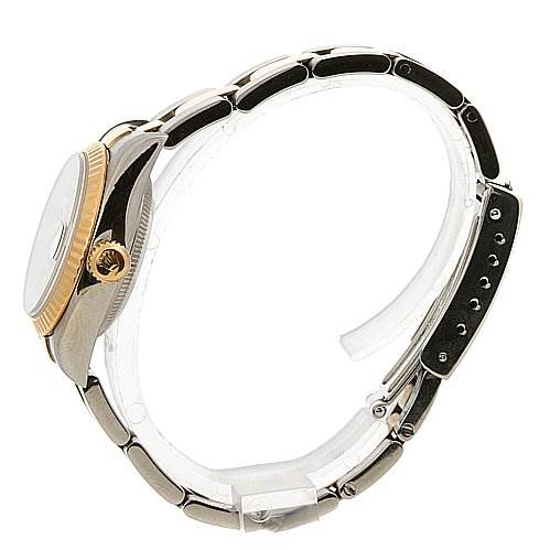 The image shows a Rolex Datejust 79173 Women's Stainless Steel Black Dial 79173 Women's Stainless Steel Black Dial watch from a side angle, highlighting the case, crown, and bracelet.