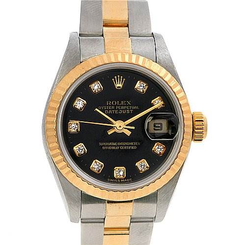 This is a front view of a Rolex Datejust 79173 Women's Stainless Steel Black Dial 79173 Women's Stainless Steel Black Dial watch featuring a two-tone bracelet, black dial, diamond hour markers, and gold fluted bezel.