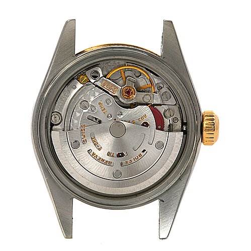 This is a detailed view of the movement inside a Rolex Datejust 79173 Women's Stainless Steel Black Dial 79173 Women's Stainless Steel Black Dial watch, shown from the back without the case back cover.