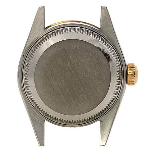 The image shows the case back and crown of a Rolex Datejust 79173 Women's Stainless Steel Black Dial 79173 Women's Stainless Steel Black Dial watch.