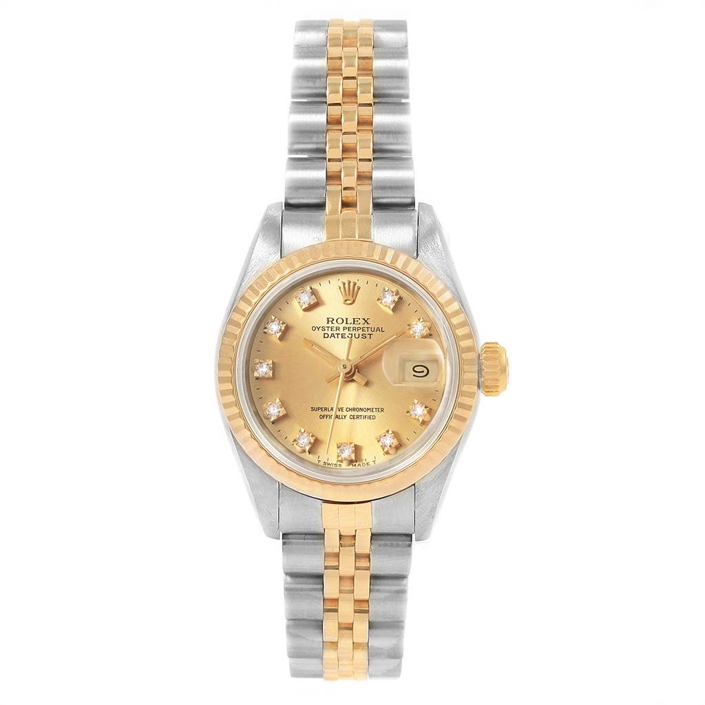 This image shows a front view of a Rolex Datejust 69173 Women's Stainless Steel Champagne Dial 69173 Women's Stainless Steel Champagne Dial watch, featuring its dial, bezel, crown, and bracelet.