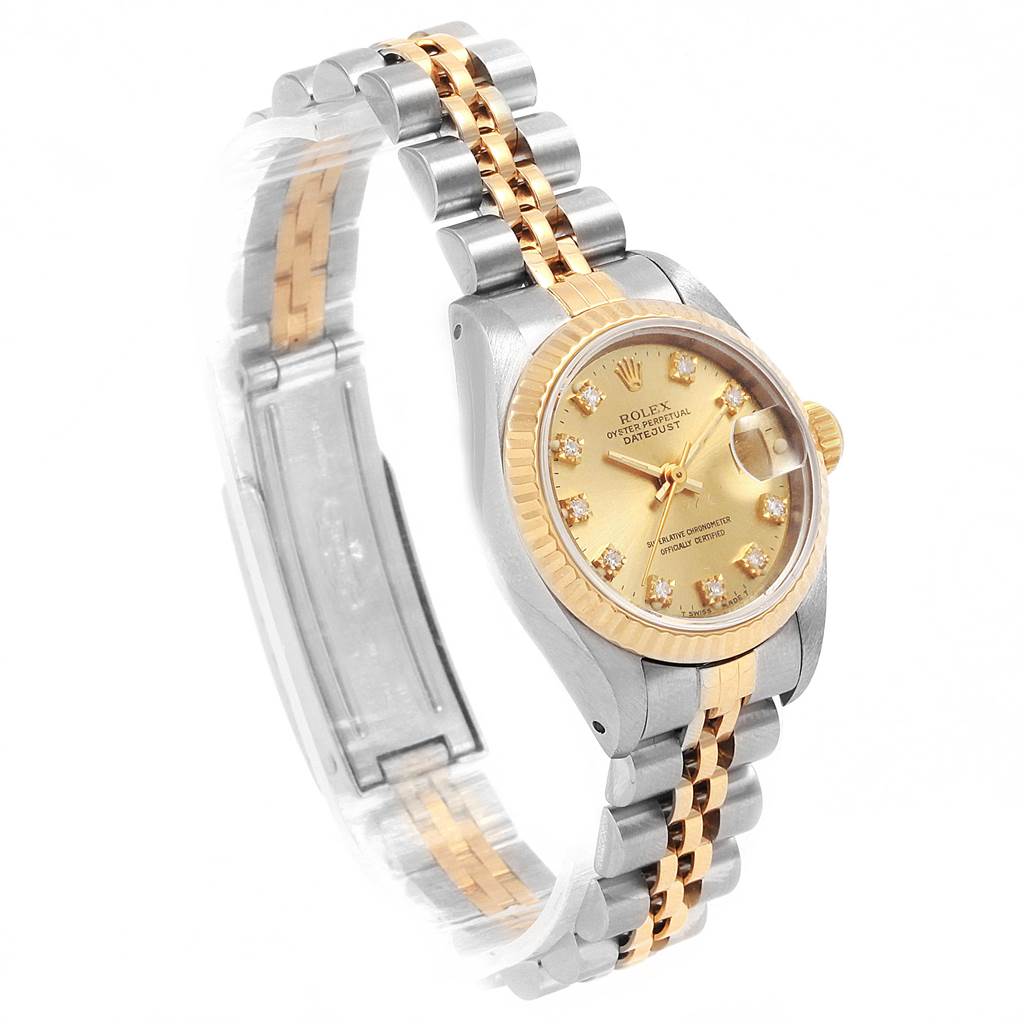This image shows a Rolex Datejust 69173 Women's Stainless Steel Champagne Dial 69173 Women's Stainless Steel Champagne Dial watch from a front diagonal angle, highlighting the face, bezel, and the two-tone bracelet.