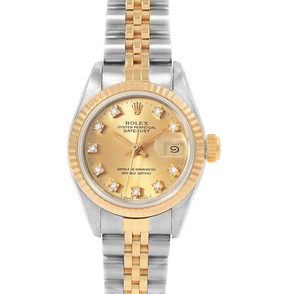 The Rolex Datejust 69173 Women's Stainless Steel Champagne Dial 69173 Women's Stainless Steel Champagne Dial watch is shown from the front, displaying the dial, bezel, and bracelet.