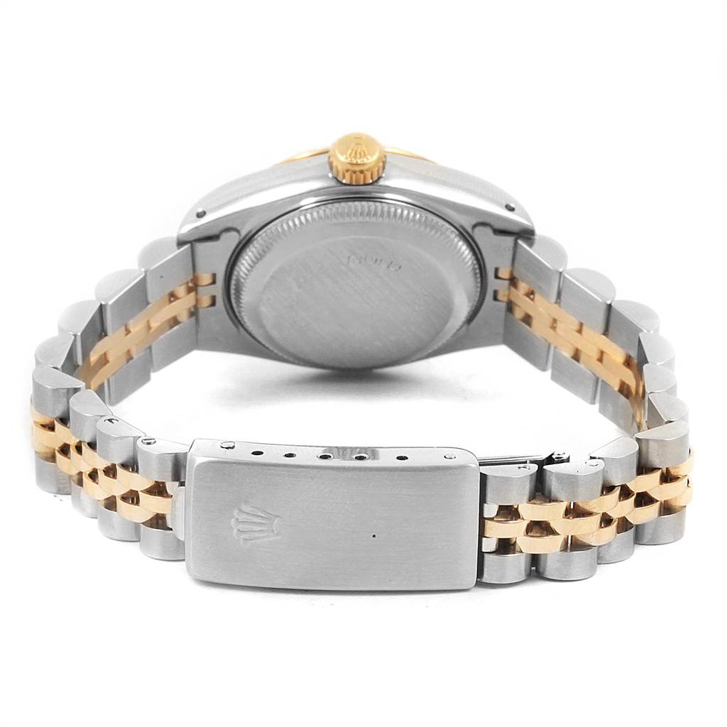 This image shows the back view of a Rolex Datejust 69173 Women's Stainless Steel Champagne Dial 69173 Women's Stainless Steel Champagne Dial watch, highlighting the case, crown, and two-tone bracelet with clasp.