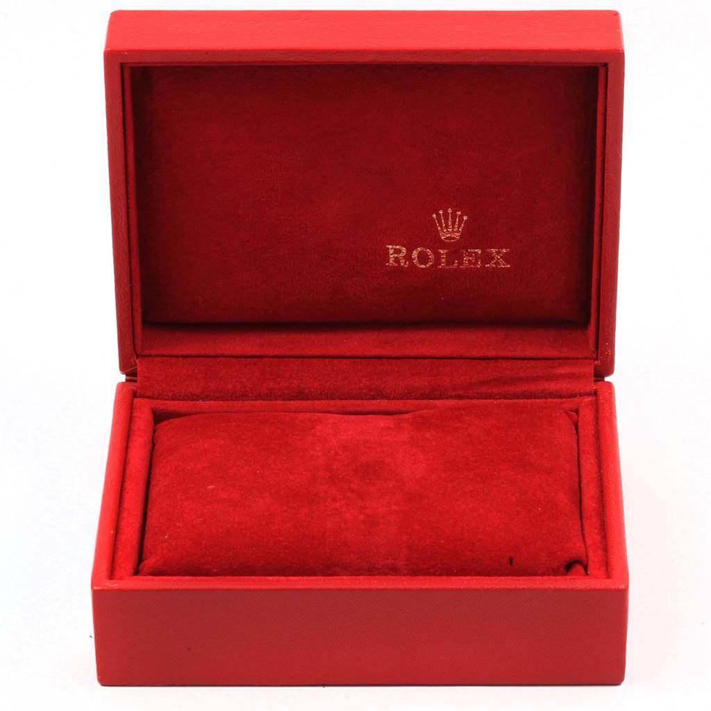 The image shows an open red Rolex watch box designed to hold a Datejust model.