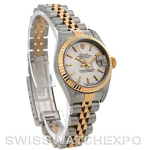 The image shows a Rolex Datejust 79173 Women
s Stainless Steel Silver Dial 79173 Women
s Stainless Steel Silver Dial watch at a side angle, highlighting the bezel, face, and Jubilee bracelet.