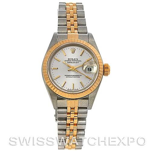 This is a front view of a Rolex Datejust 79173 Women
s Stainless Steel Silver Dial 79173 Women
s Stainless Steel Silver Dial watch, showcasing the dial, bezel, and two-tone bracelet.
