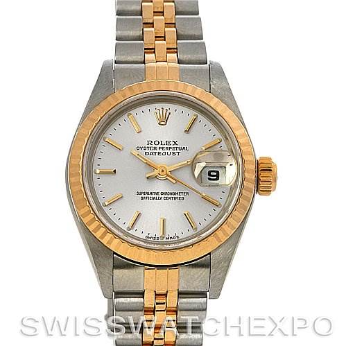 The image shows a front view of the Rolex Datejust 79173 Women
s Stainless Steel Silver Dial 79173 Women
s Stainless Steel Silver Dial watch, highlighting its dial, bezel, bracelet, and date window.