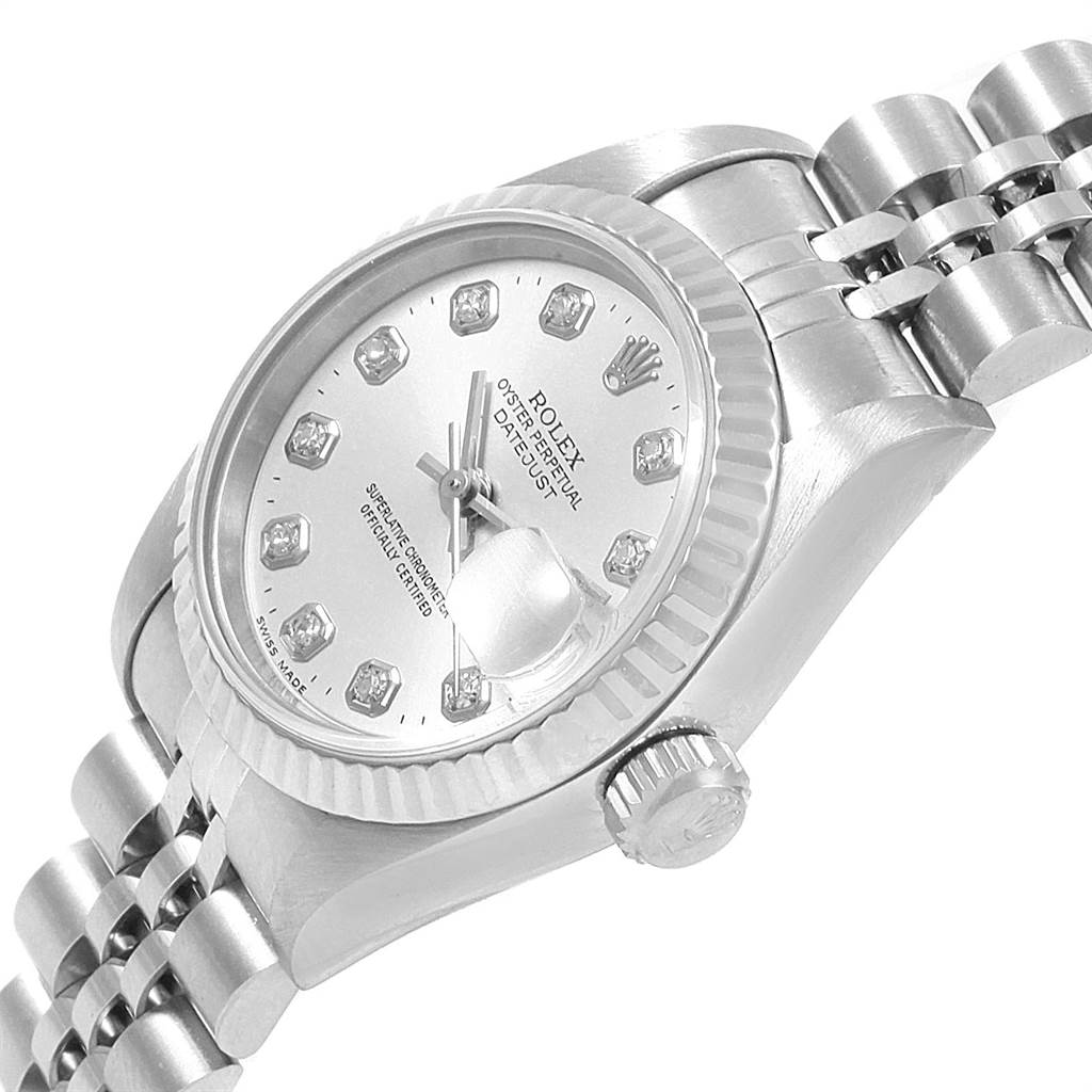 The image shows a Rolex Datejust 69174 Women
s Stainless Steel Silver Dial 69174 Women
s Stainless Steel Silver Dial watch at an angled view, highlighting the bezel, dial, crown, and part of the bracelet.