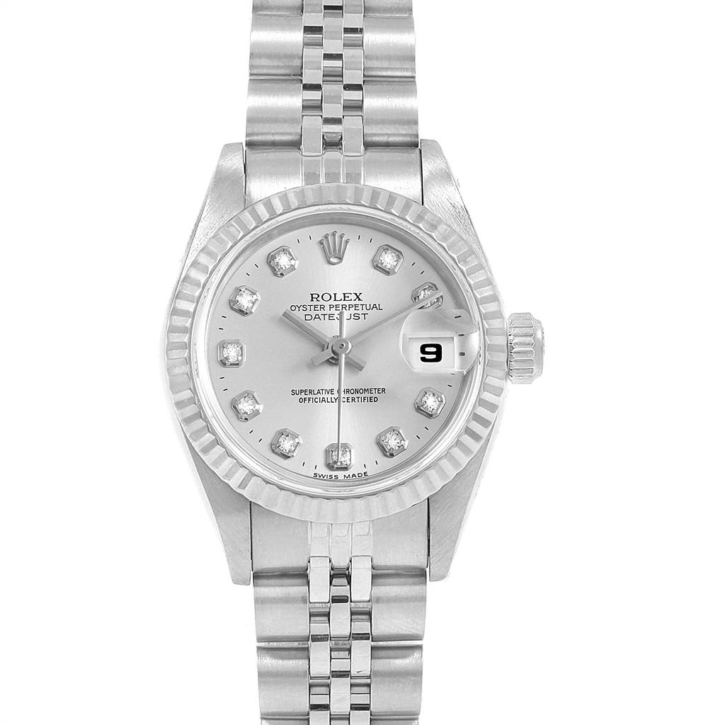 This is a Rolex Datejust 69174 Women
s Stainless Steel Silver Dial 69174 Women
s Stainless Steel Silver Dial watch viewed from the front, showing the dial, bezel, bracelet, and date window.