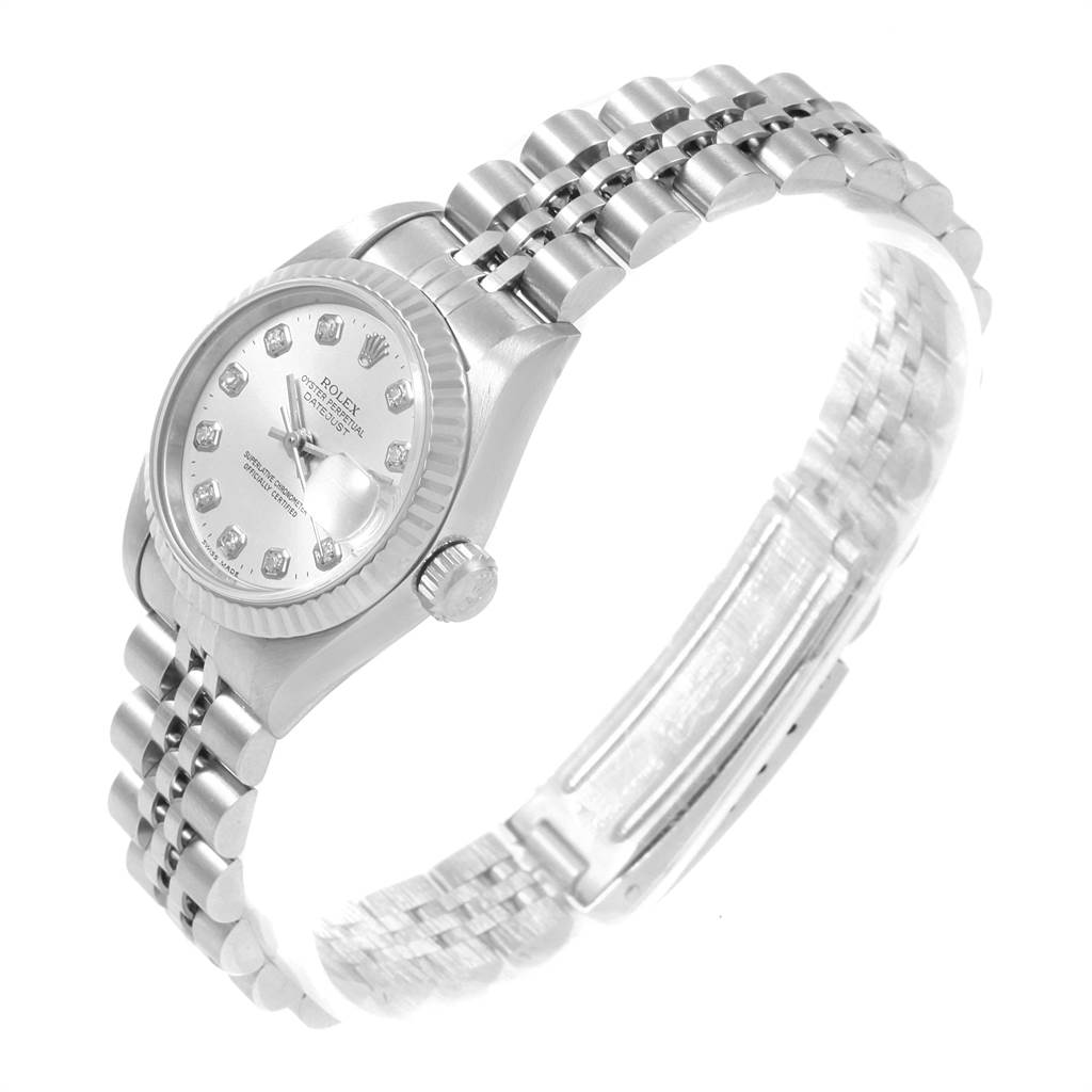 The image shows a Rolex Datejust 69174 Women
s Stainless Steel Silver Dial 69174 Women
s Stainless Steel Silver Dial watch at a three-quarter angle, highlighting the bezel, dial, bracelet, and clasp.