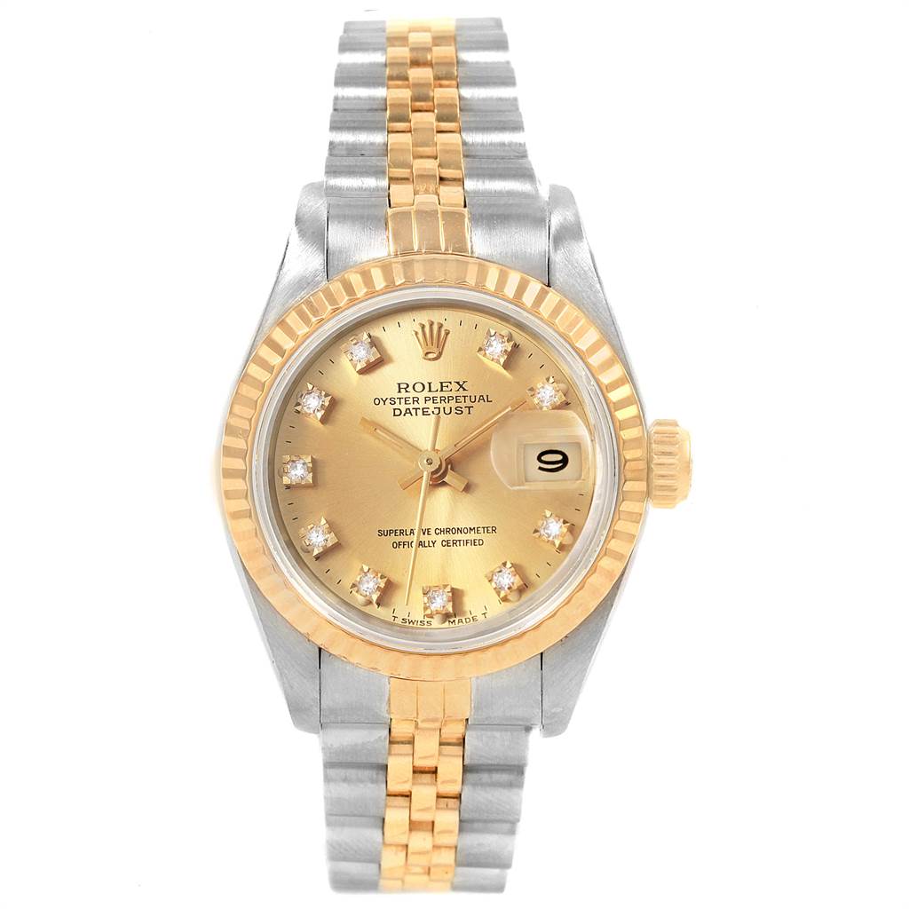 The image shows a Rolex Datejust 69173 Women's Stainless Steel Champagne Dial 69173 Women's Stainless Steel Champagne Dial watch from the front, highlighting its dial, bezel, crown, and two-tone bracelet.