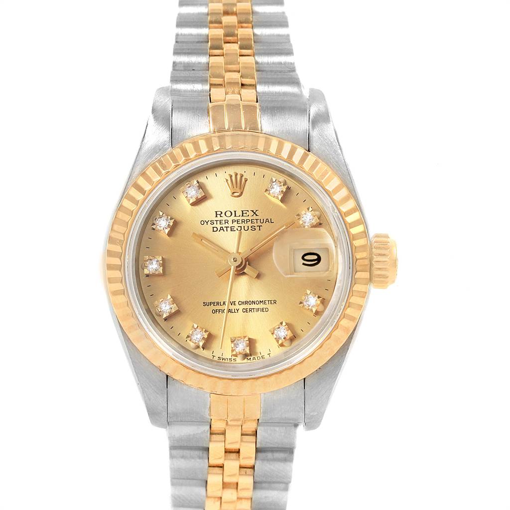 This image shows a frontal view of a Rolex Datejust 69173 Women's Stainless Steel Champagne Dial 69173 Women's Stainless Steel Champagne Dial watch, highlighting its gold bezel, date display, and two-tone bracelet.