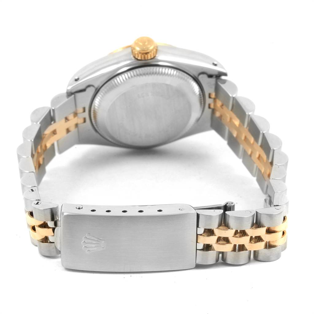 This image shows the back view of a Rolex Datejust 69173 Women's Stainless Steel Champagne Dial 69173 Women's Stainless Steel Champagne Dial watch, highlighting the case back, crown, and bracelet clasp.