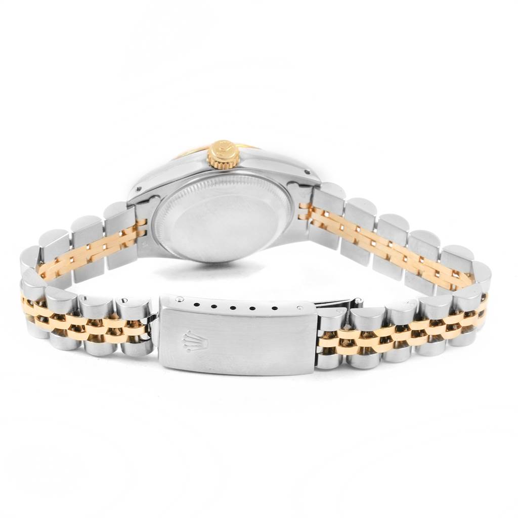 The image shows the back of a Rolex Datejust 69173 Women's Stainless Steel Champagne Dial 69173 Women's Stainless Steel Champagne Dial model watch, highlighting its jubilee bracelet and clasp.