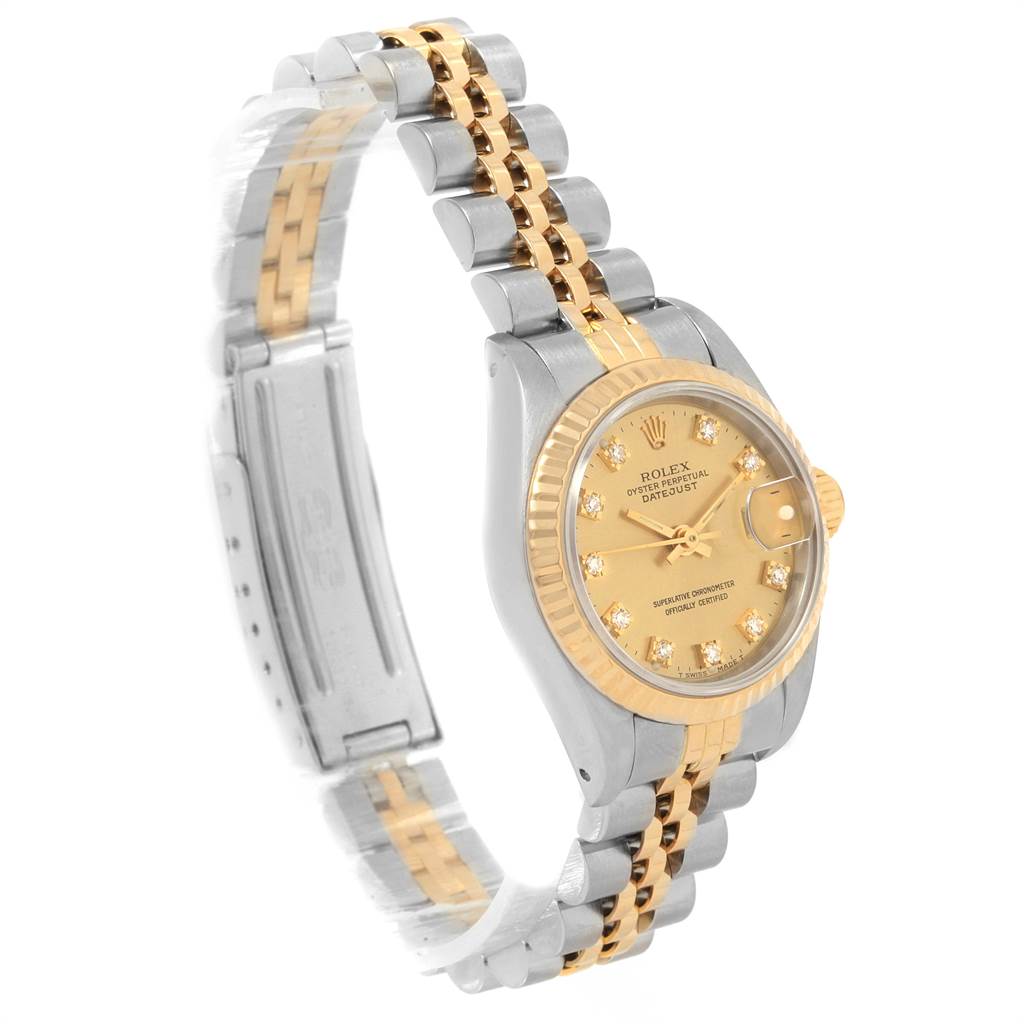 The Rolex Datejust 69173 Women's Stainless Steel Champagne Dial 69173 Women's Stainless Steel Champagne Dial watch is shown at an oblique angle featuring its dial, bezel, case, and two-tone bracelet.
