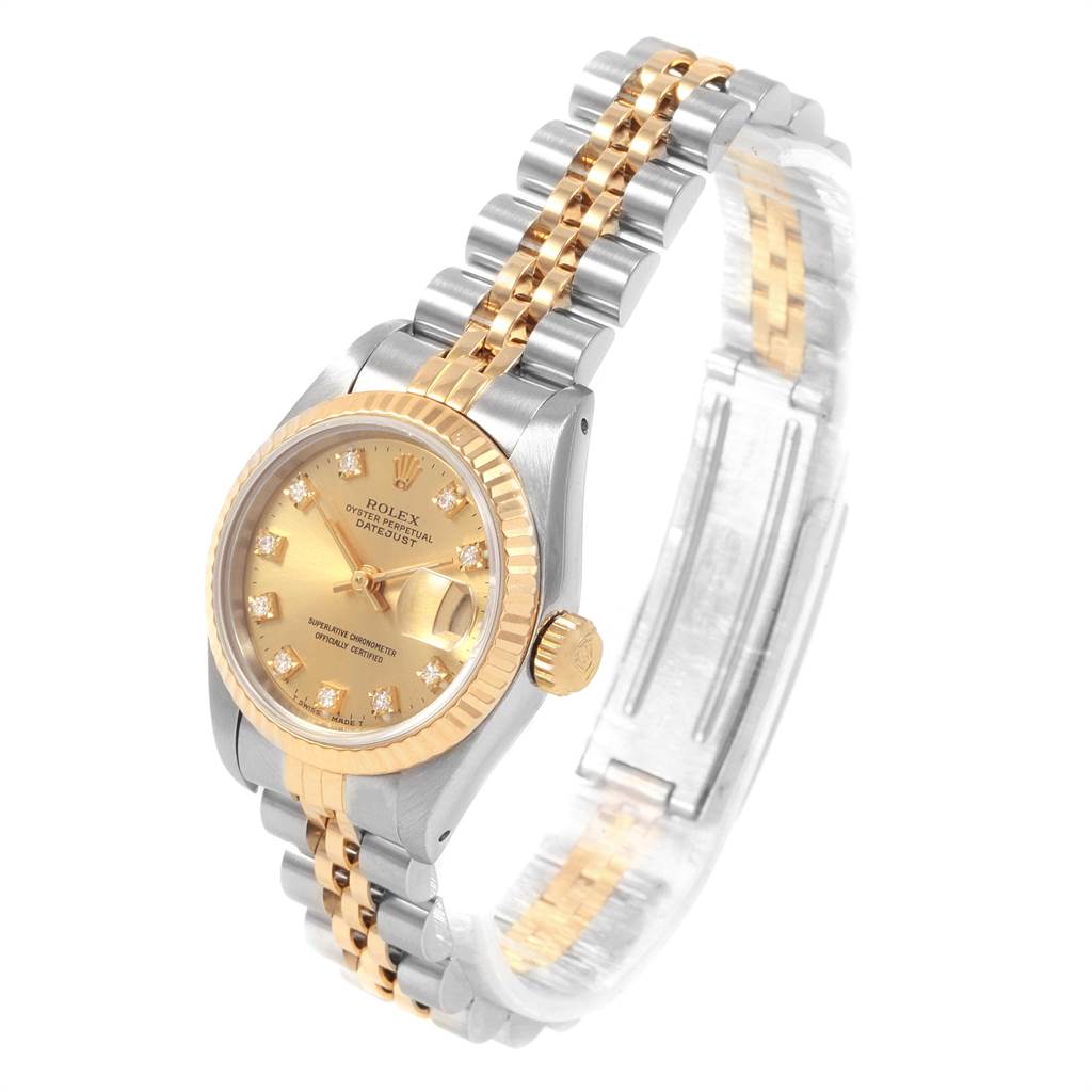 The image shows a Rolex Datejust 69173 Women's Stainless Steel Champagne Dial 69173 Women's Stainless Steel Champagne Dial watch at a 3/4 angle, highlighting its gold dial, two-tone bracelet, and fluted bezel.
