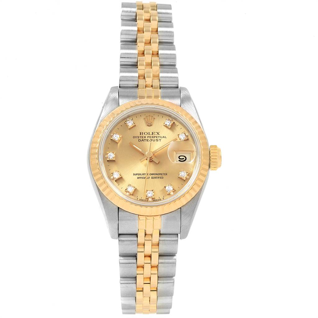 The image showcases a front view of the Rolex Datejust 69173 Women's Stainless Steel Champagne Dial 69173 Women's Stainless Steel Champagne Dial watch, highlighting its gold dial, fluted bezel, and two-tone bracelet.