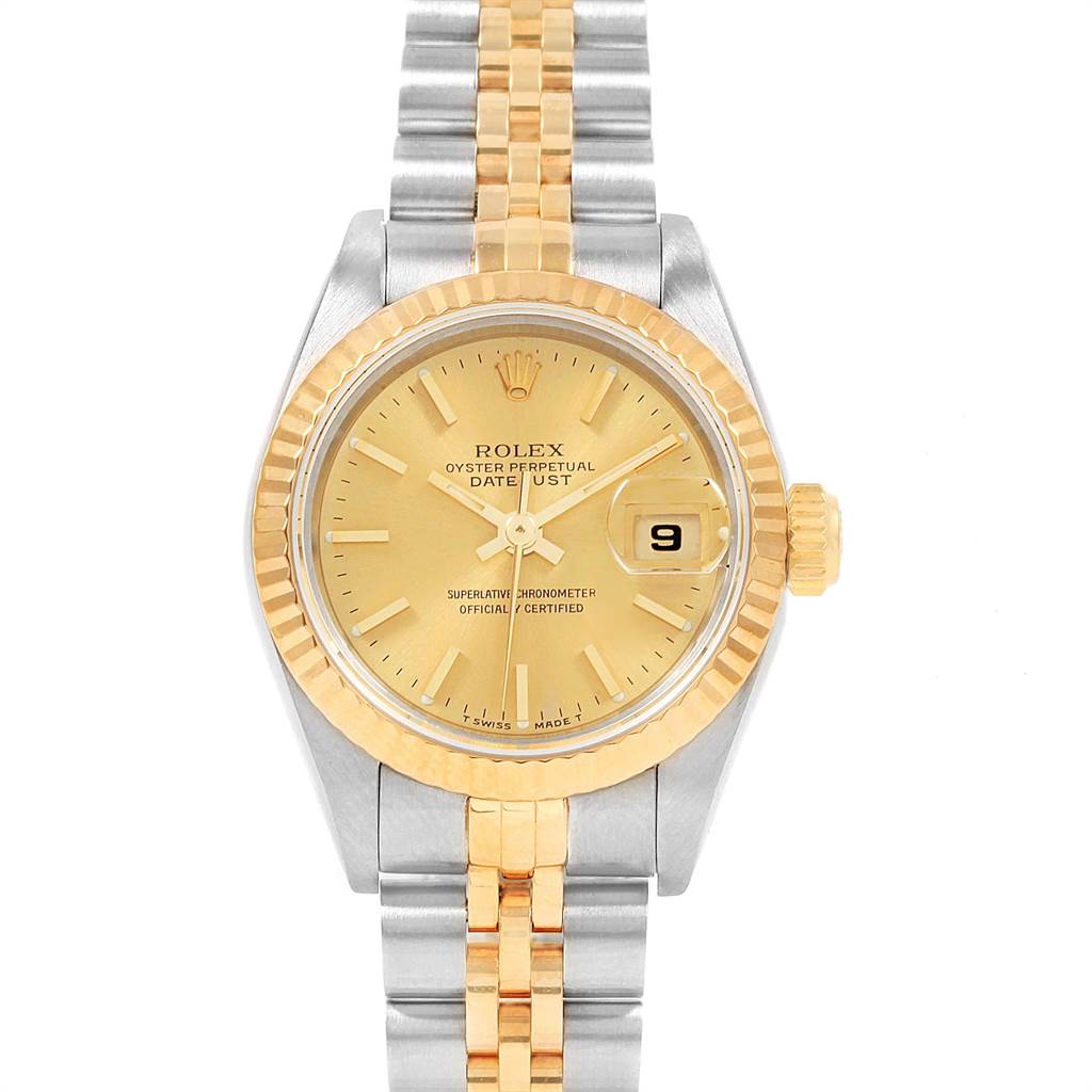 The image shows a Rolex Datejust 69173 Women's Stainless Steel Champagne Dial 69173 Women's Stainless Steel Champagne Dial watch from a front angle, displaying its dial, bezel, and bracelet.