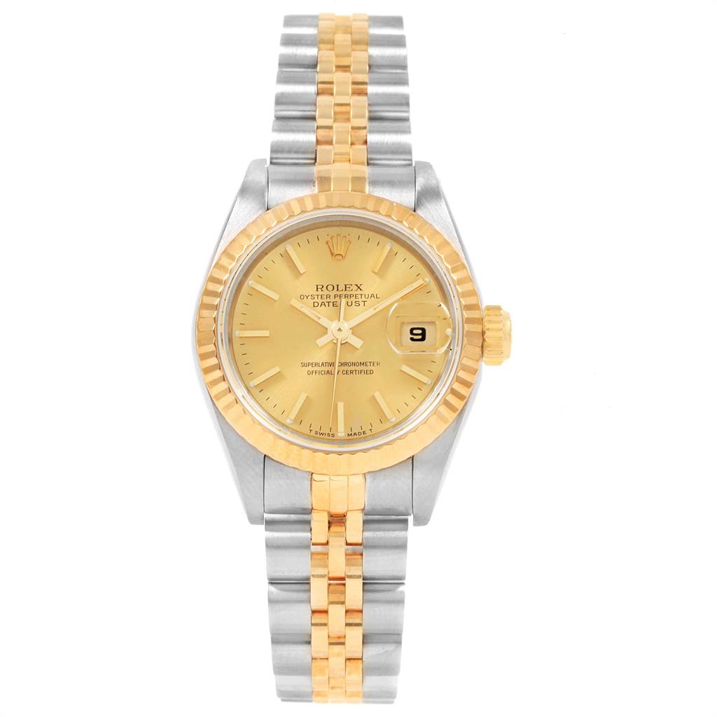 This image shows a front view of the Rolex Datejust 69173 Women's Stainless Steel Champagne Dial 69173 Women's Stainless Steel Champagne Dial watch displaying its dial, bezel, and jubilee bracelet.