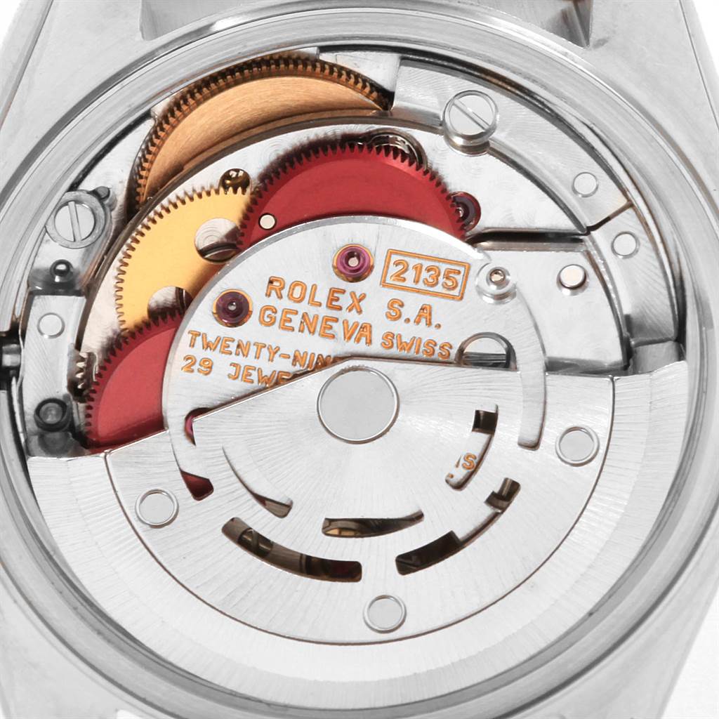 This image shows a close-up, rear view of the internal mechanisms of a Rolex Datejust 69173 Women's Stainless Steel Champagne Dial 69173 Women's Stainless Steel Champagne Dial watch.