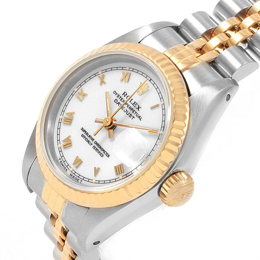 This image shows a close-up angle of a Rolex Datejust 69173 Women's Stainless Steel White Dial 69173 Women's Stainless Steel White Dial watch, highlighting the dial, bezel, crown, and part of the bracelet.
