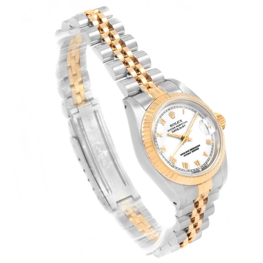 The image shows a front angled view of the Rolex Datejust 69173 Women's Stainless Steel White Dial 69173 Women's Stainless Steel White Dial watch, featuring its two-tone bracelet, fluted bezel, and white dial with Roman numerals.