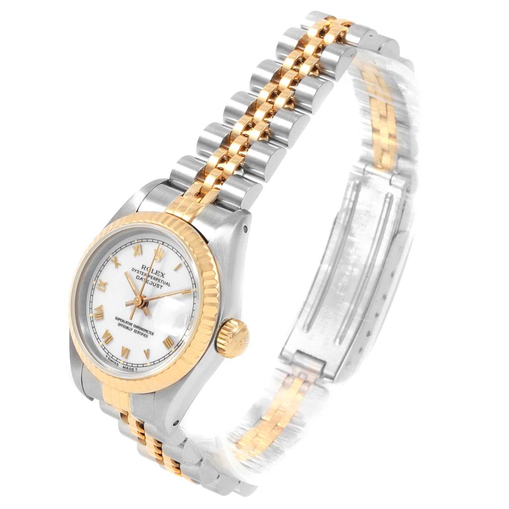 The Rolex Datejust 69173 Women's Stainless Steel White Dial 69173 Women's Stainless Steel White Dial watch is shown at an angle displaying the dial, crown, case, and two-tone bracelet.