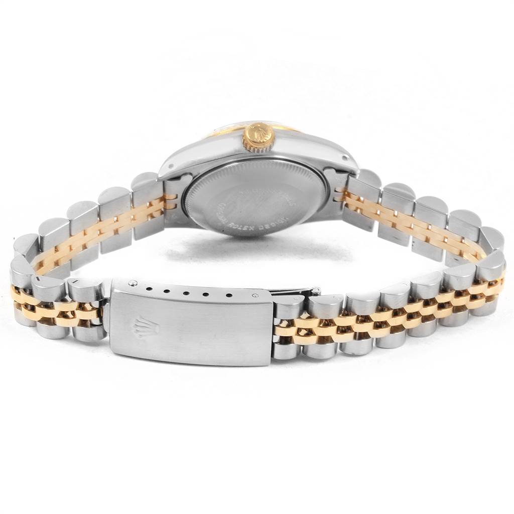 The image shows the back view of a Rolex Datejust 69173 Women's Stainless Steel White Dial 69173 Women's Stainless Steel White Dial watch, highlighting its Jubilee bracelet and clasp.