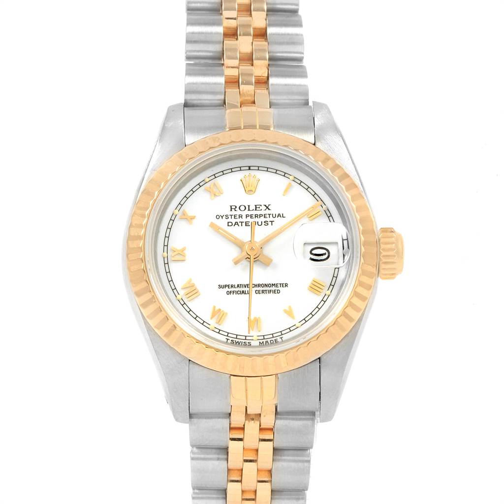 This image shows a front view of a Rolex Datejust 69173 Women's Stainless Steel White Dial 69173 Women's Stainless Steel White Dial watch, highlighting the face, bezel, crown, and two-tone bracelet.