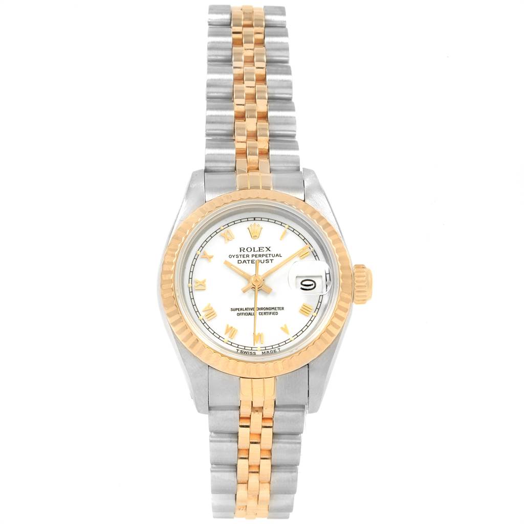 The Rolex Datejust 69173 Women's Stainless Steel White Dial 69173 Women's Stainless Steel White Dial watch is shown from a top-down angle, displaying its face, bezel, and two-tone bracelet.