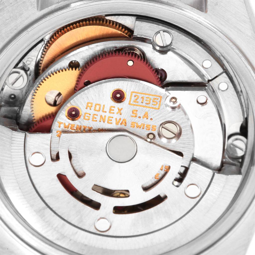 This image shows the internal mechanism of a Rolex Datejust 69173 Women's Stainless Steel White Dial 69173 Women's Stainless Steel White Dial watch, highlighting the intricate gears and components.