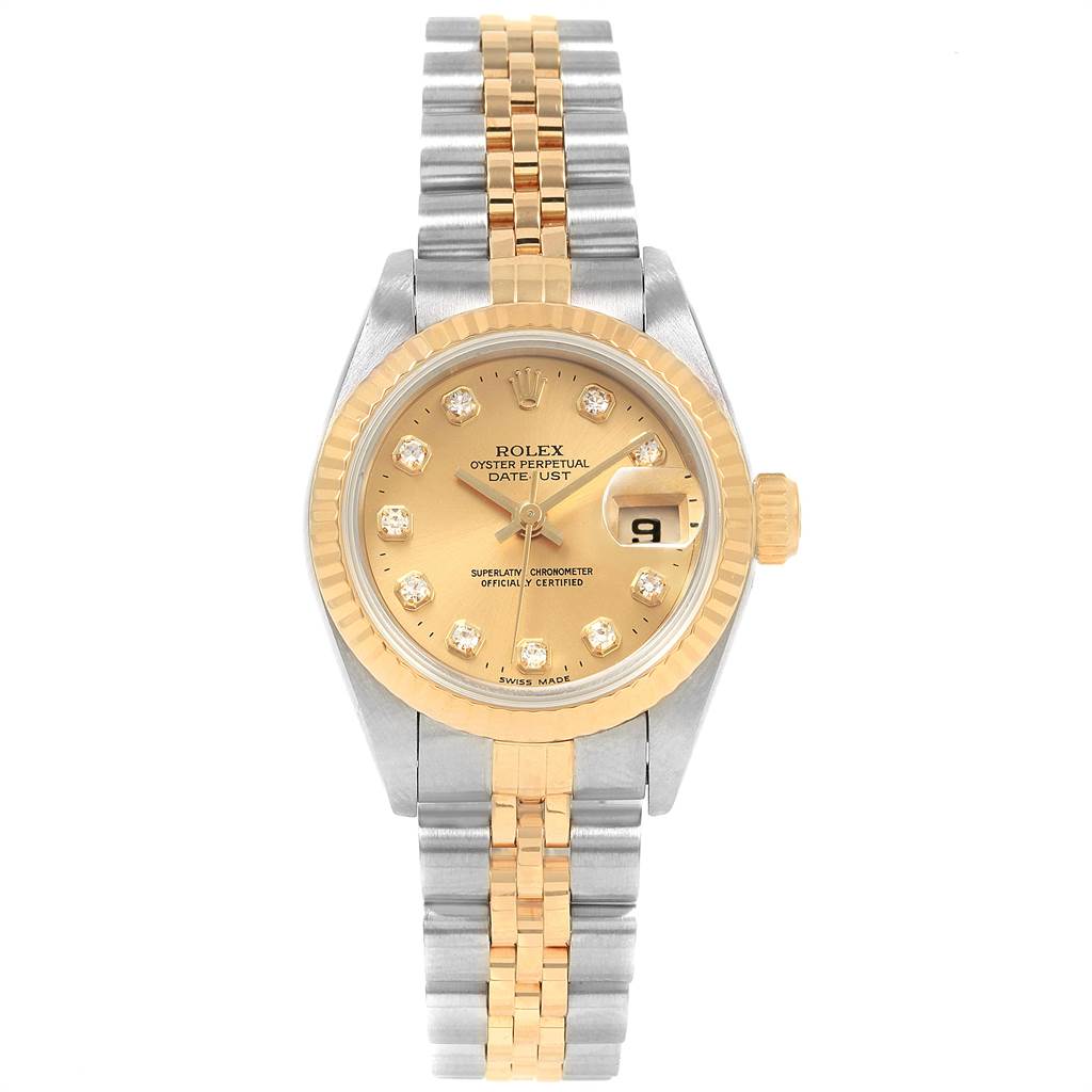 The Rolex Datejust 69173 Women's Stainless Steel Champagne Dial 69173 Women's Stainless Steel Champagne Dial watch is shown from a front angle, displaying its dial, bezel, and two-tone bracelet.