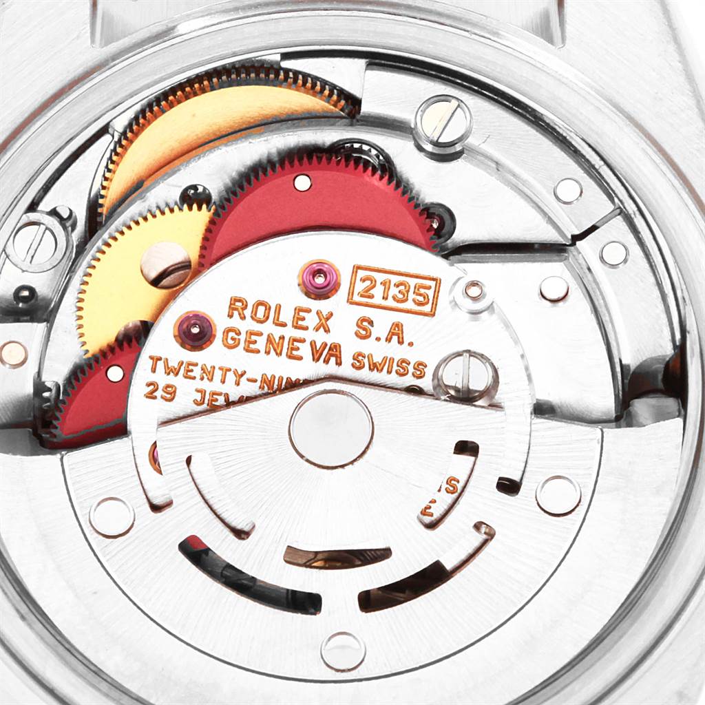 This close-up angle shows the intricate movement and mechanism of the Rolex Datejust 69173 Women's Stainless Steel Champagne Dial 69173 Women's Stainless Steel Champagne Dial model.