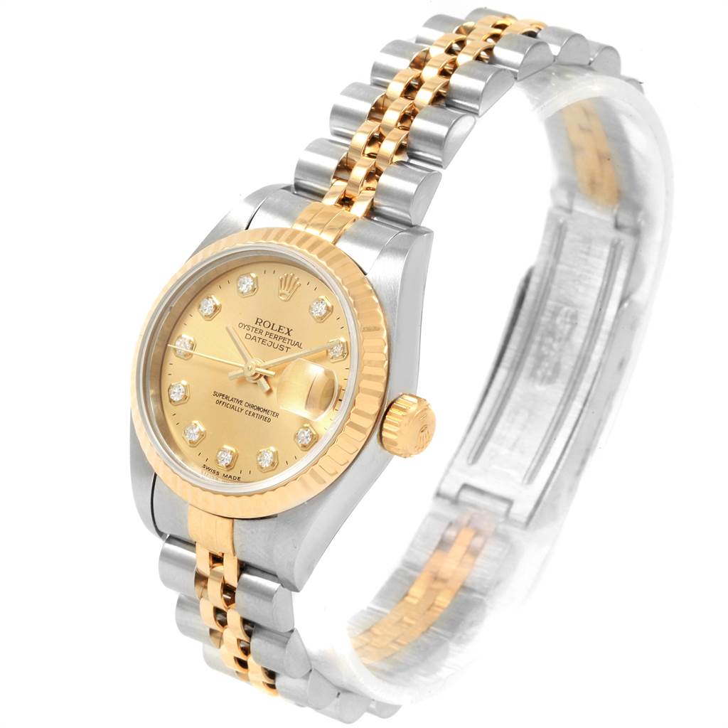 The image shows a Rolex Datejust 69173 Women's Stainless Steel Champagne Dial 69173 Women's Stainless Steel Champagne Dial watch at a three-quarter angle, highlighting the dial, bezel, crown, and bracelet.