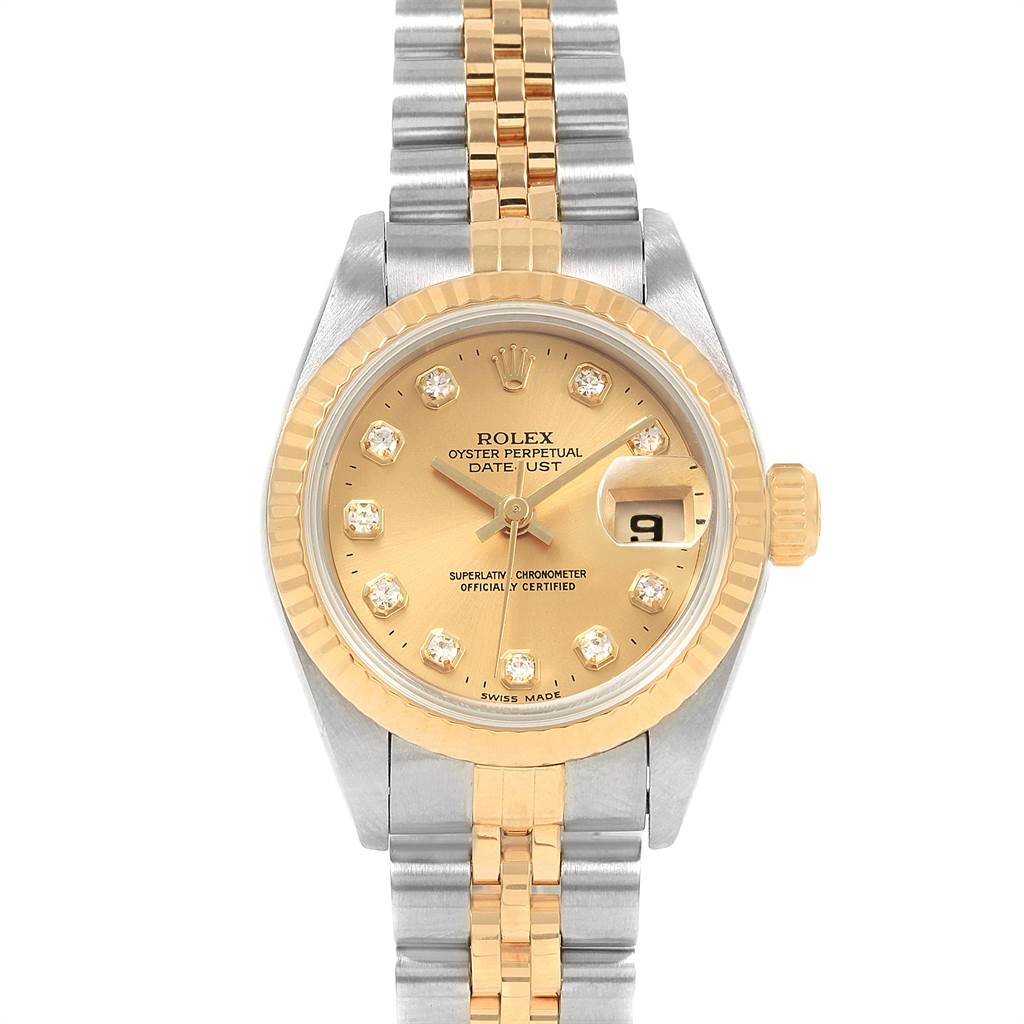 The Rolex Datejust 69173 Women's Stainless Steel Champagne Dial 69173 Women's Stainless Steel Champagne Dial watch is shown from a front angle, highlighting the dial, bezel, and part of the bracelet.