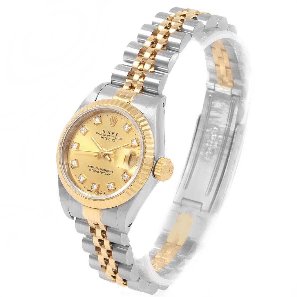 The image shows a Rolex Datejust 69173 Women's Stainless Steel Champagne Dial 69173 Women's Stainless Steel Champagne Dial watch at a side angle, highlighting its face, bezel, crown, and two-tone bracelet.