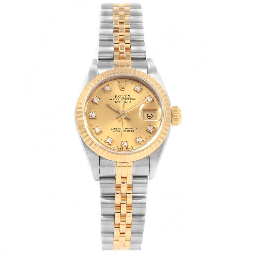 This image shows a front view of the Rolex Datejust 69173 Women's Stainless Steel Champagne Dial 69173 Women's Stainless Steel Champagne Dial watch, highlighting its dial, bezel, and two-tone bracelet.
