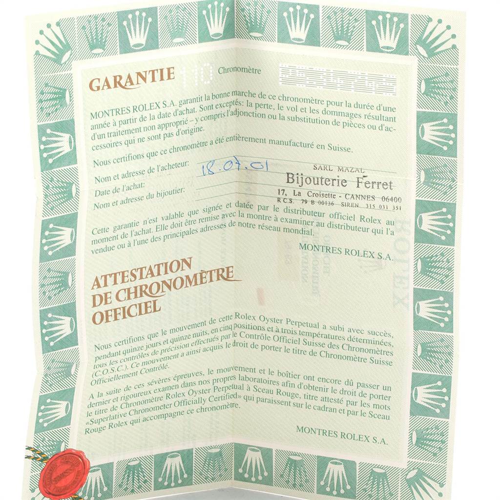 This image shows the warranty card for the Rolex Datejust 79163 Women's Steel and Gold (two tone) Silver Dial 79163 Women's Steel and Gold (two tone) Silver Dial model, detailing purchase information and official certification.