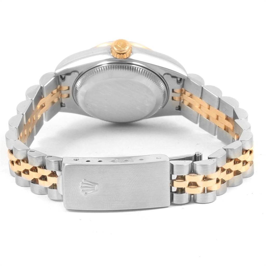 The image shows the back case and bracelet of a Rolex Datejust 79163 Women's Steel and Gold (two tone) Silver Dial 79163 Women's Steel and Gold (two tone) Silver Dial watch, with focus on the clasp and crown.
