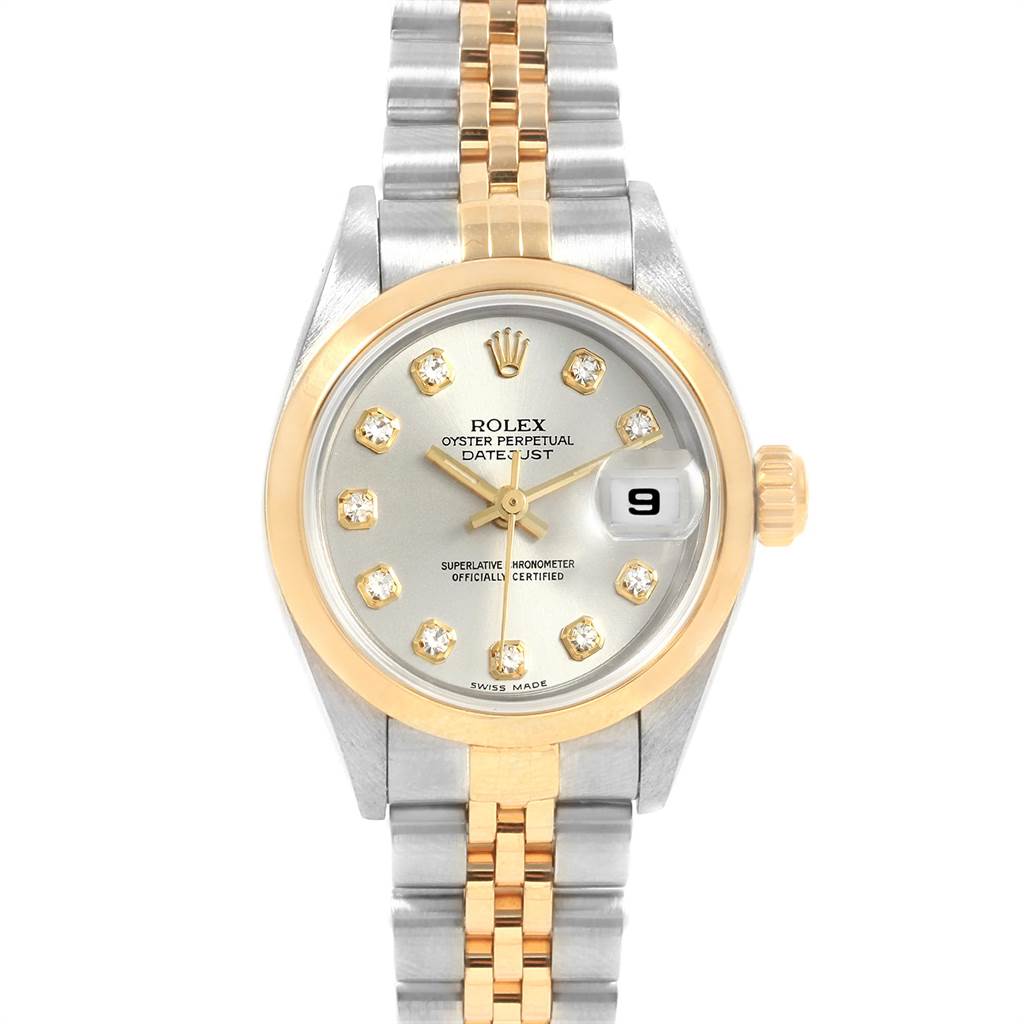 This image shows the front view of the Rolex Datejust 79163 Women's Steel and Gold (two tone) Silver Dial 79163 Women's Steel and Gold (two tone) Silver Dial watch, highlighting its face, crown, and two-tone bracelet.