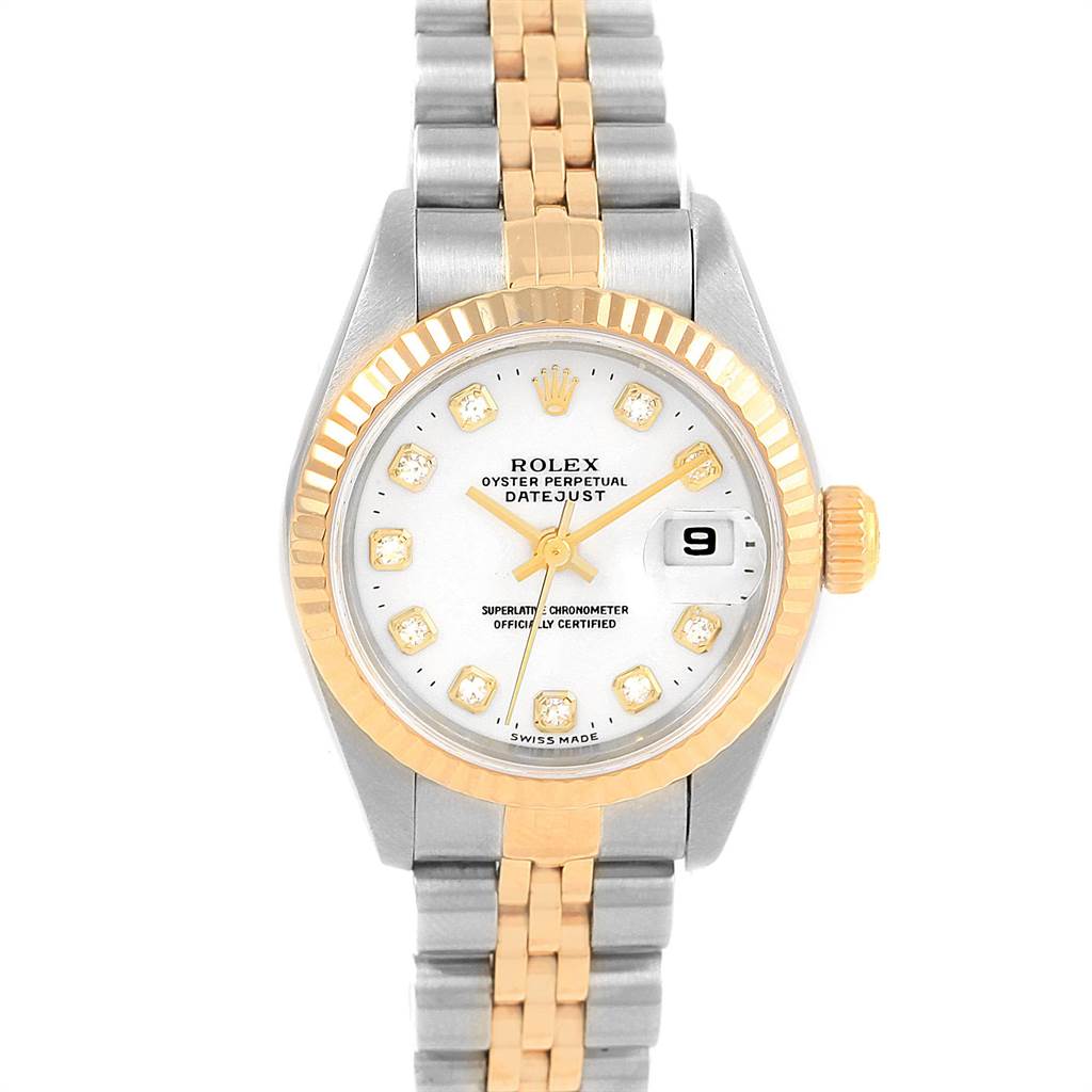 The Rolex Datejust 79173 Women's Steel and Gold (two tone) White Dial 79173 Women's Steel and Gold (two tone) White Dial is shown from a top-down angle, featuring the face, bezel, and part of the bracelet.
