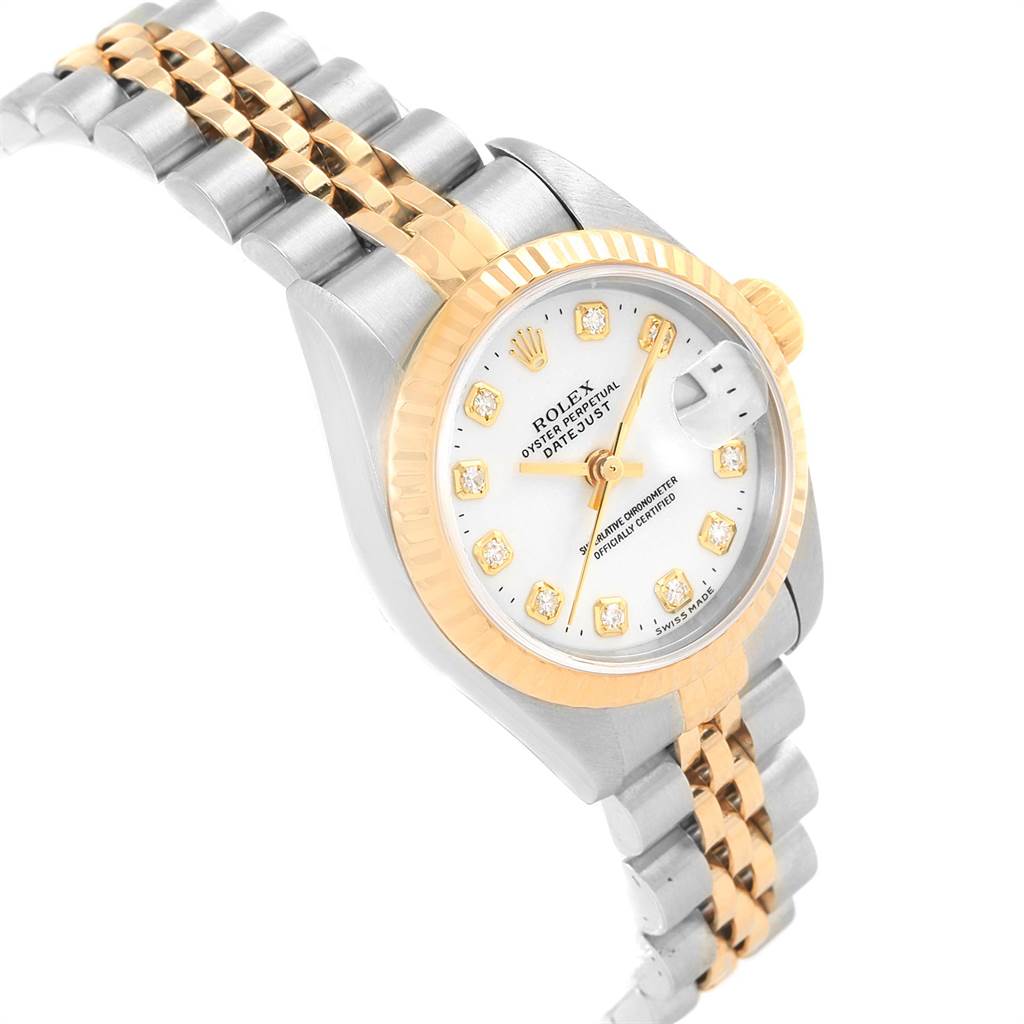 The image shows a Rolex Datejust 79173 Women's Steel and Gold (two tone) White Dial 79173 Women's Steel and Gold (two tone) White Dial watch at an angled view, displaying the dial, bezel, and part of the bracelet.