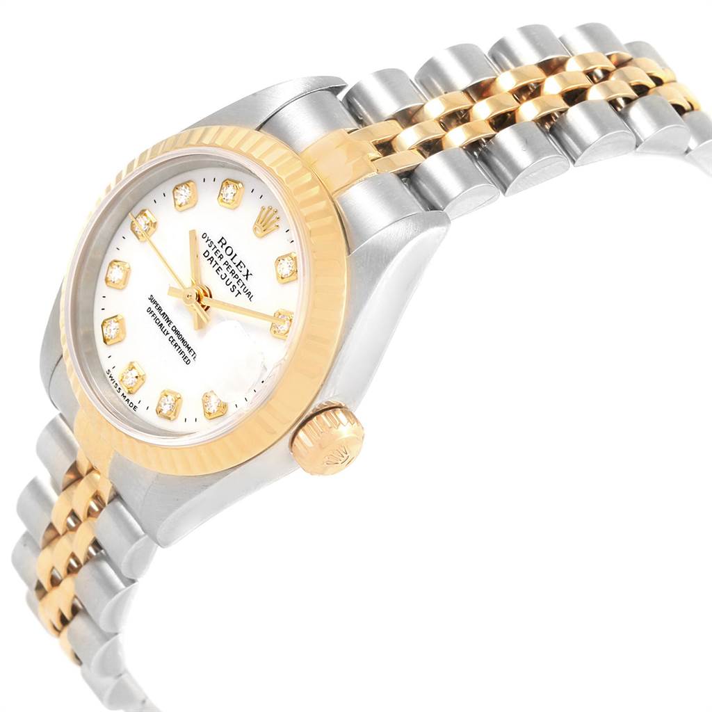 The Rolex Datejust 79173 Women's Steel and Gold (two tone) White Dial 79173 Women's Steel and Gold (two tone) White Dial watch is shown at an angled side view, highlighting the face, crown, and two-tone bracelet.