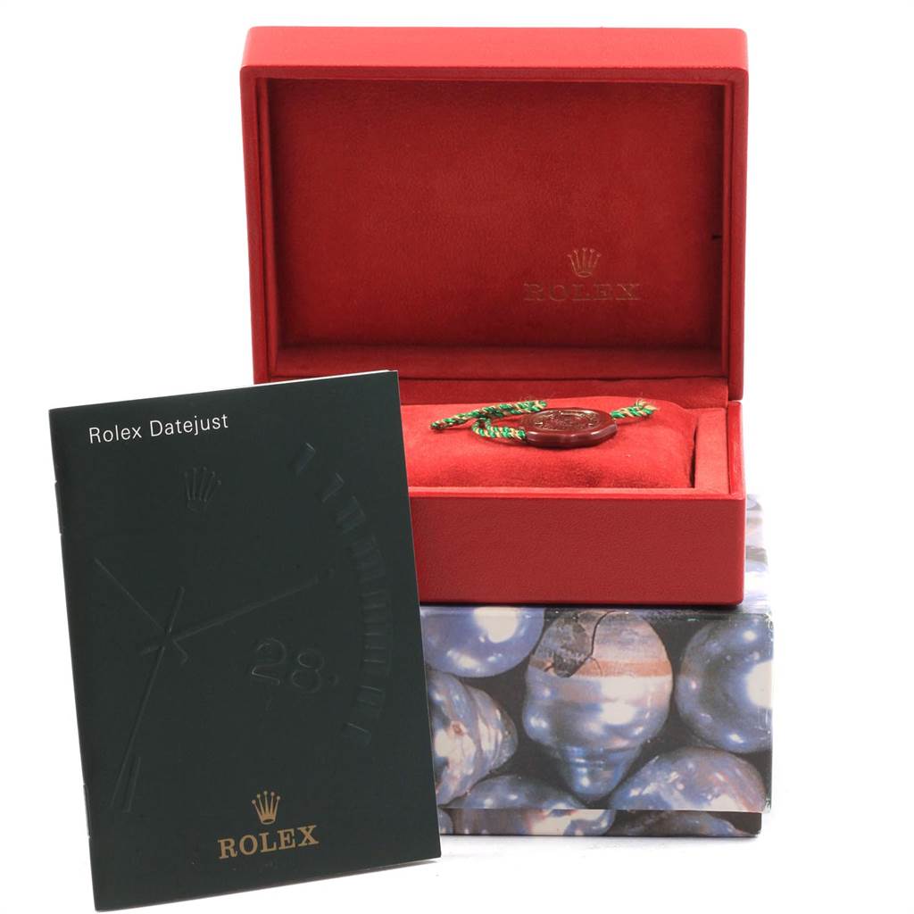 The image shows a Rolex Datejust 79173 Women's Steel and Gold (two tone) White Dial 79173 Women's Steel and Gold (two tone) White Dial watch box, manual, and a tag, all in a frontal view.