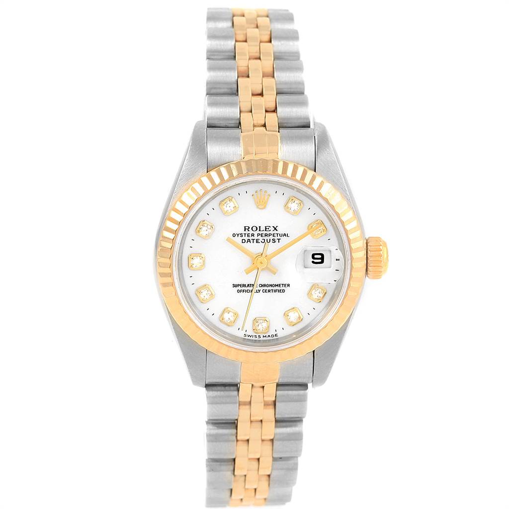 This image shows a Rolex Datejust 79173 Women's Steel and Gold (two tone) White Dial 79173 Women's Steel and Gold (two tone) White Dial watch from a top-down angle, revealing the face, bezel, and bracelet.