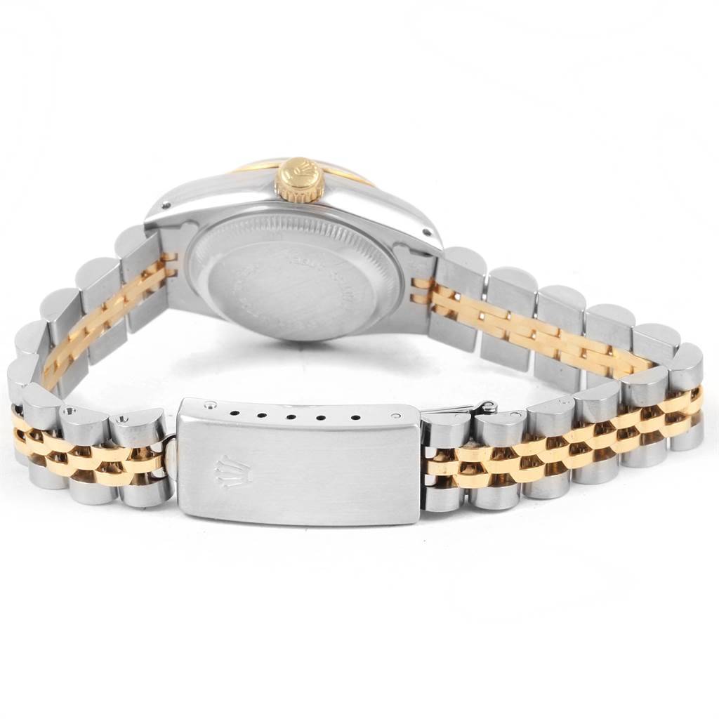 The image shows the back, crown, and bracelet of a Rolex Datejust 69173 Women's Stainless Steel Champagne Dial 69173 Women's Stainless Steel Champagne Dial watch, highlighting its two-tone metal design with clasp.