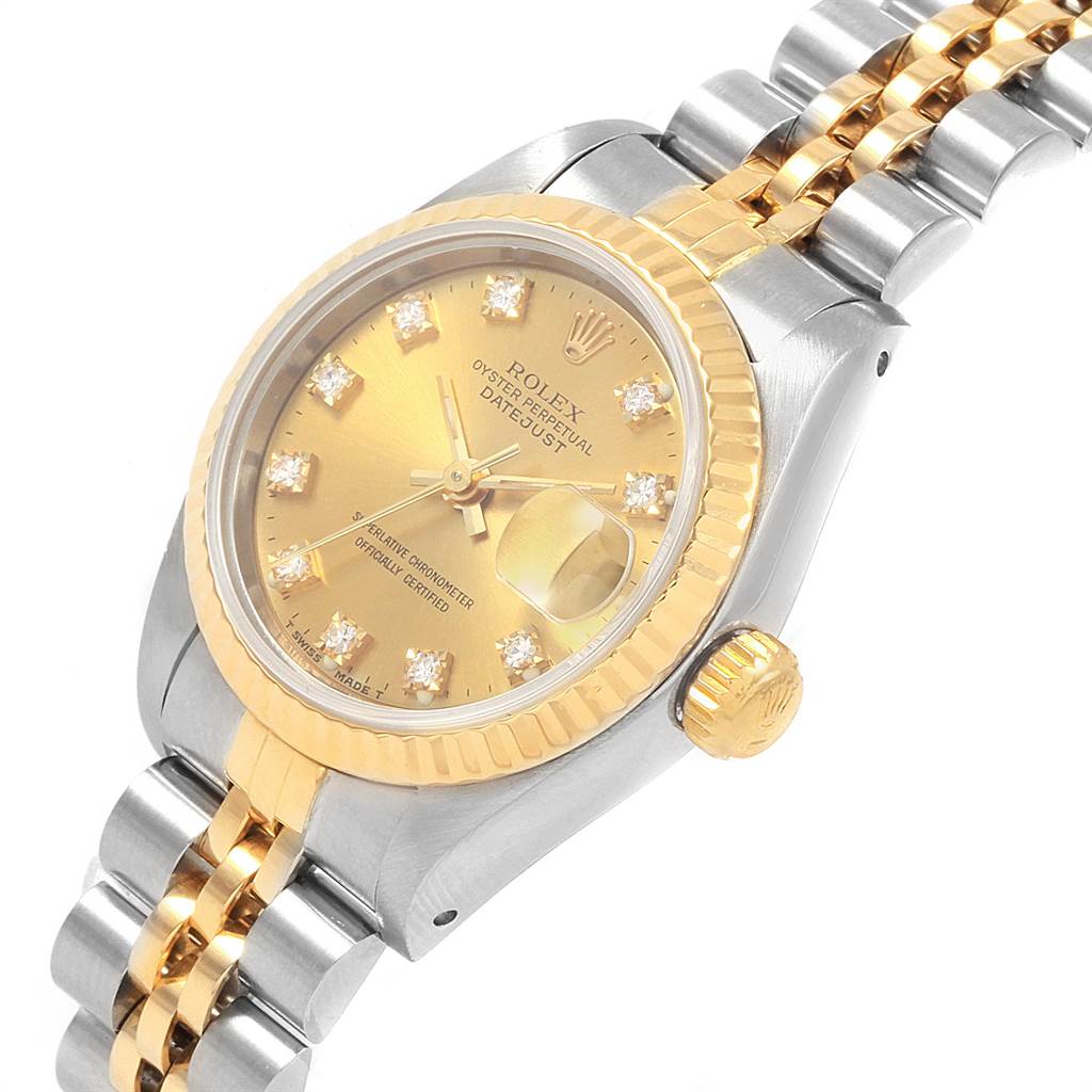This image shows a close-up view of a Rolex Datejust 69173 Women's Stainless Steel Champagne Dial 69173 Women's Stainless Steel Champagne Dial watch, highlighting the dial, bezel, crown, and part of the bracelet.
