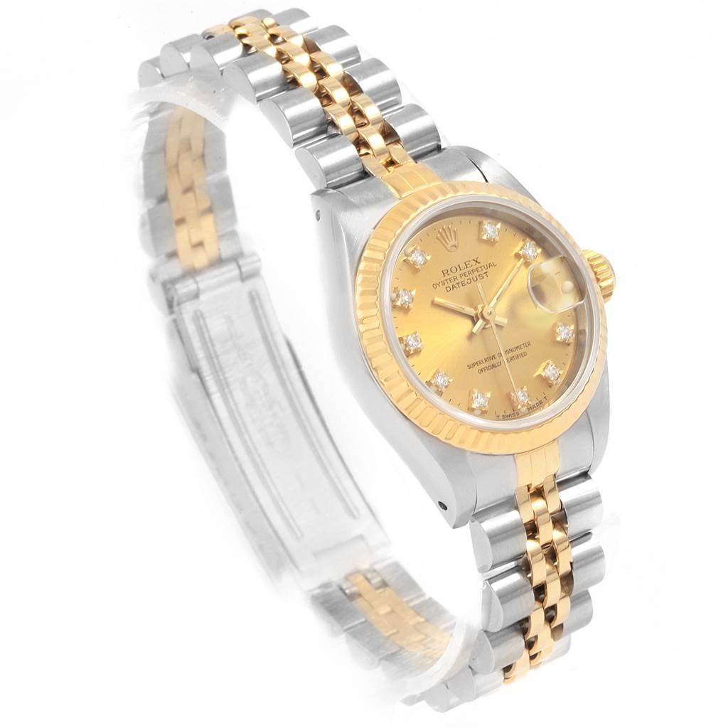 The image shows a Rolex Datejust 69173 Women's Stainless Steel Champagne Dial 69173 Women's Stainless Steel Champagne Dial watch from an angle that highlights the dial, bezel, and bracelet.